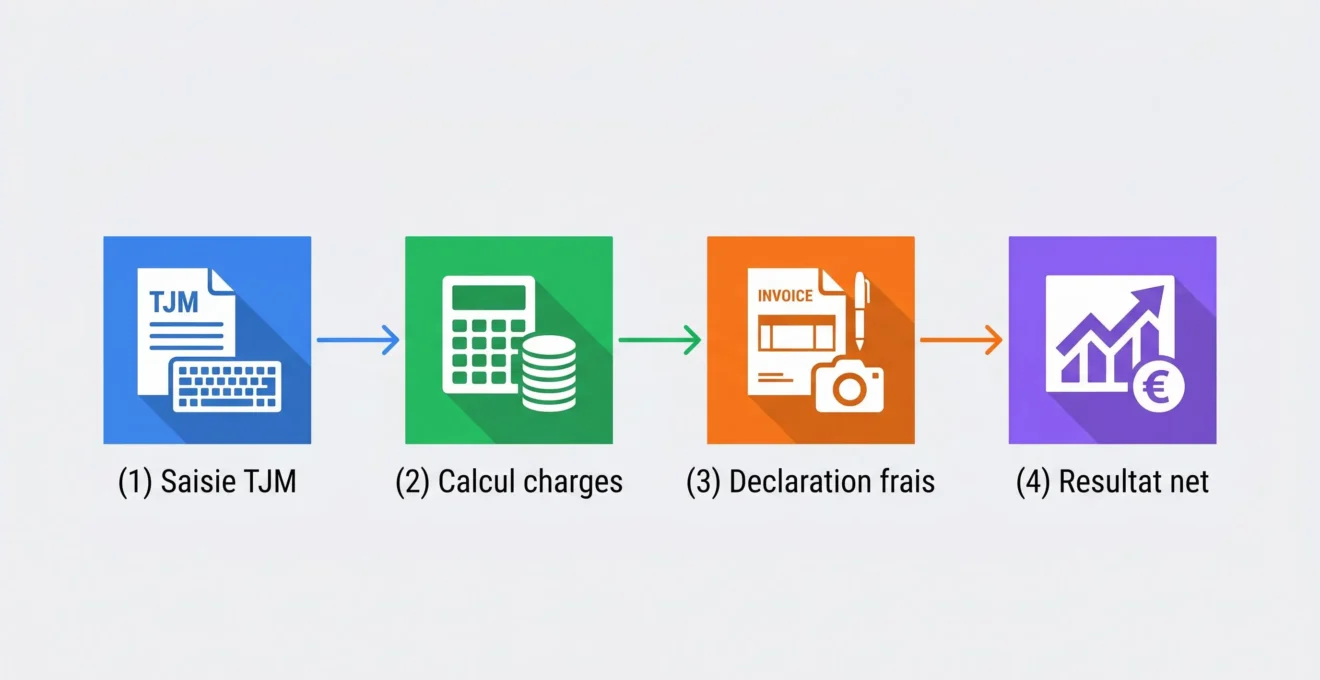 Schema en 4 etapes illustrant le processus de simulation de salaire en portage salarial.