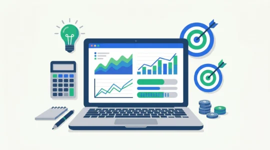 Ecran d'ordinateur affichant un simulateur de salaire en portage salarial avec graphiques et icones representant le freelance.