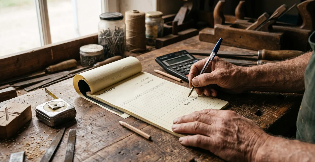 Un artisan remplit une facture manuscrite sur son établi dans un atelier.
