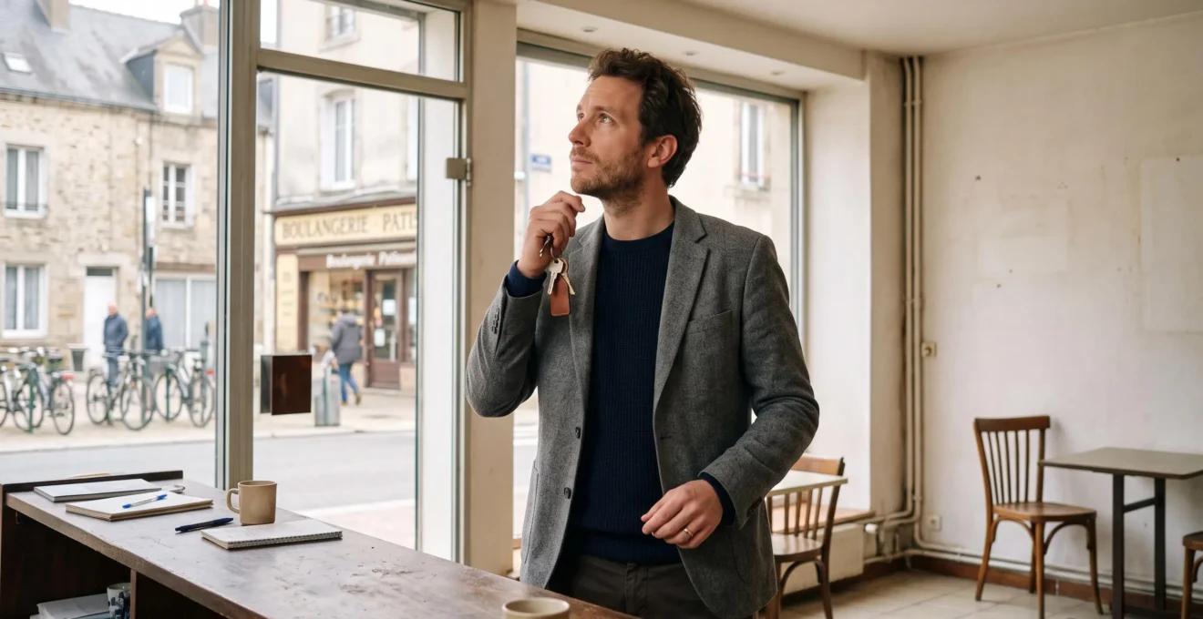 Un entrepreneur examine les clés d'un local dans une rue commerçante française.