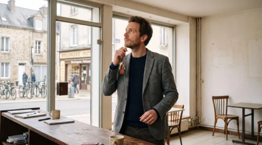 Un entrepreneur examine les clés d'un local dans une rue commerçante française.