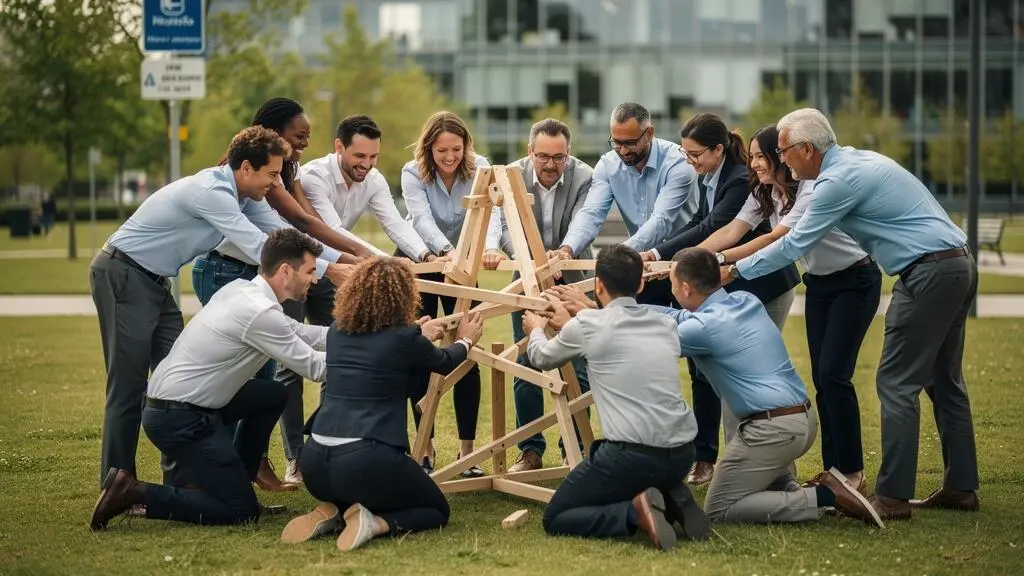 Des collaborateurs participent ensemble à une activité de team building en extérieur devant leur bureau.