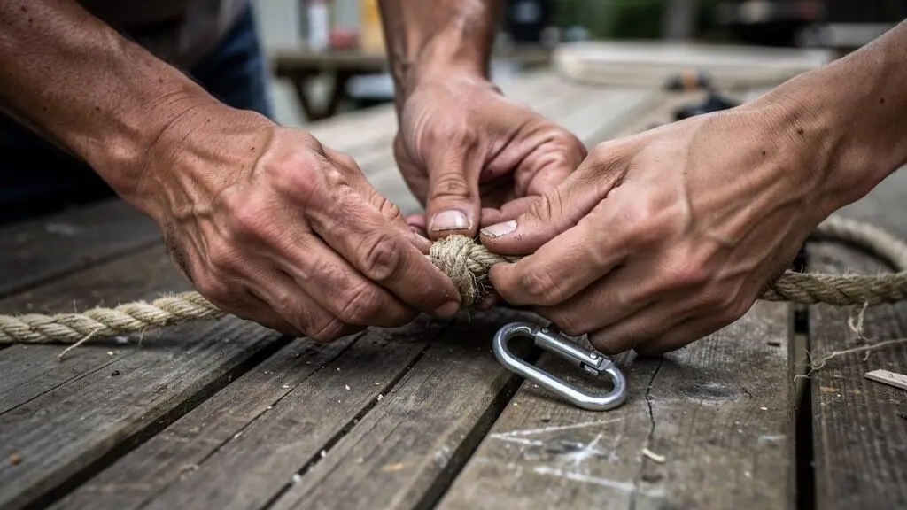 Deux participants manipulent une corde lors d'un atelier coopératif en extérieur.