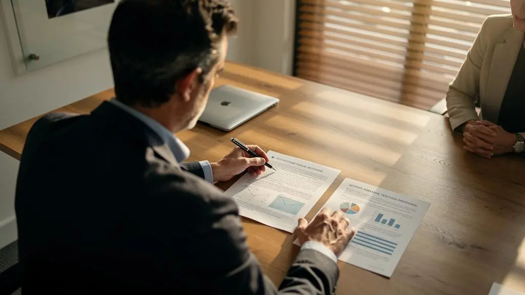 Un manager compare deux propositions d'activités sur une table de réunion.