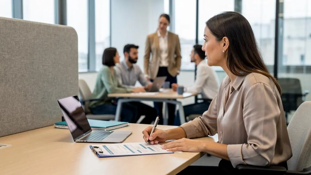 Une responsable RH observe son équipe et prend des notes dans un open-space.