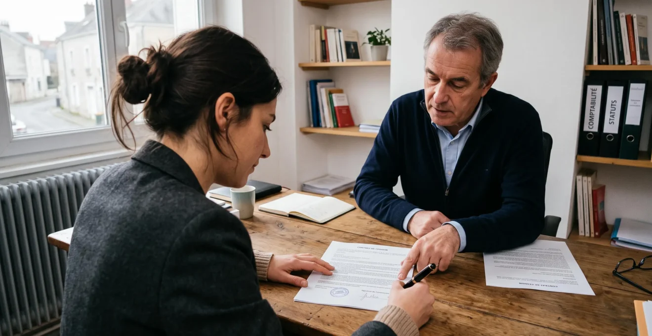 Une entrepreneure signe des formulaires officiels devant un conseiller dans un bureau.